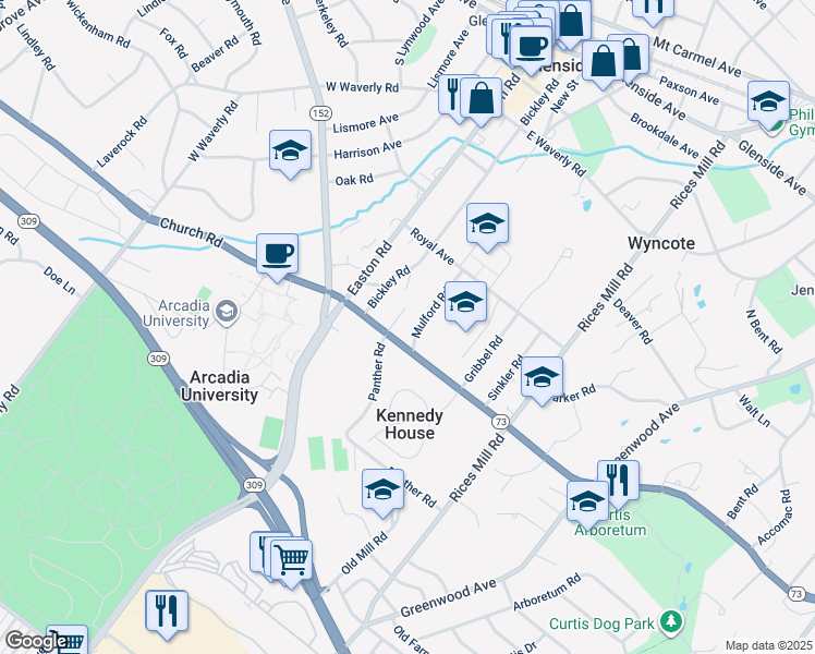 map of restaurants, bars, coffee shops, grocery stores, and more near 652 Mulford Rd in Wyncote