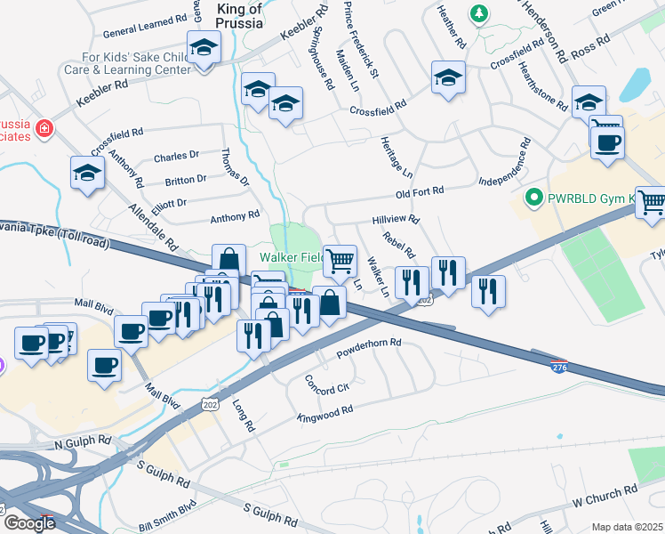 map of restaurants, bars, coffee shops, grocery stores, and more near 510 Williams Road in King of Prussia