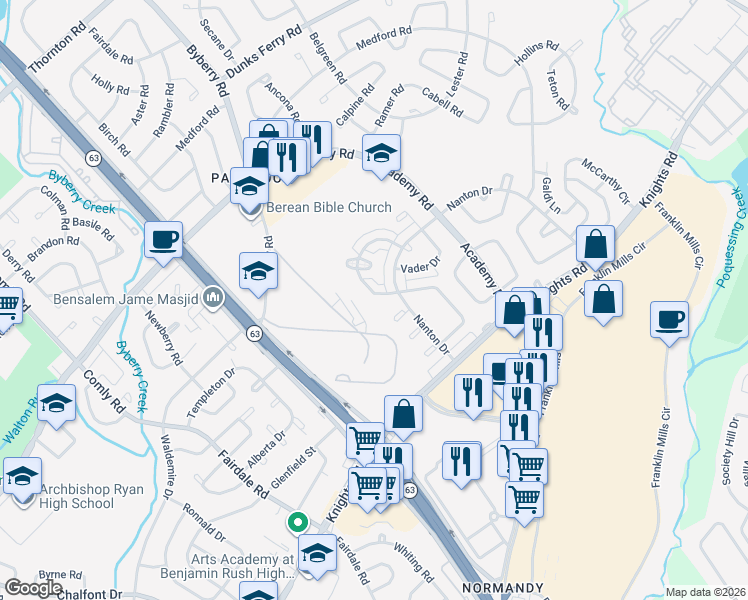 map of restaurants, bars, coffee shops, grocery stores, and more near 3634 Genesee Drive in Philadelphia