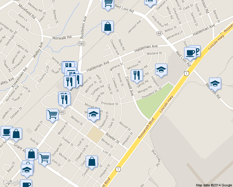 map of restaurants, bars, coffee shops, grocery stores, and more near 9824 Cowden Street in Philadelphia