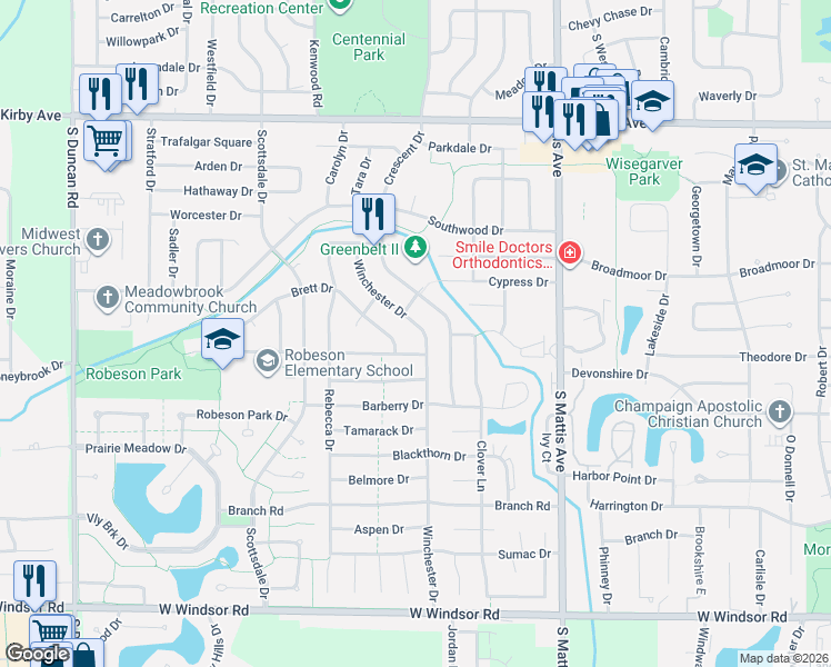 map of restaurants, bars, coffee shops, grocery stores, and more near 2206 Brett Drive in Champaign
