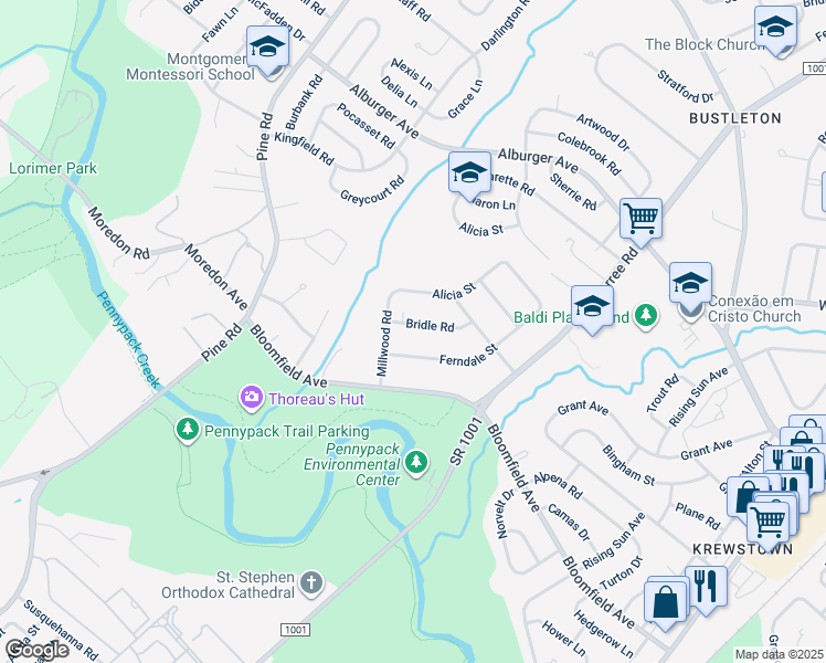 map of restaurants, bars, coffee shops, grocery stores, and more near 8617 Bridle Road in Philadelphia
