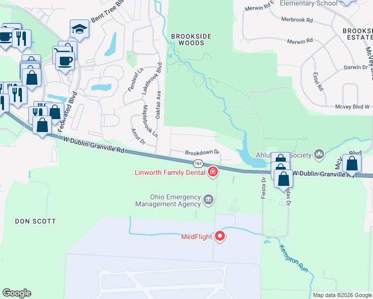 map of restaurants, bars, coffee shops, grocery stores, and more near 3048 Brookdown Drive in Columbus