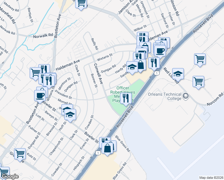 map of restaurants, bars, coffee shops, grocery stores, and more near 9917 Wingtip Road in Philadelphia