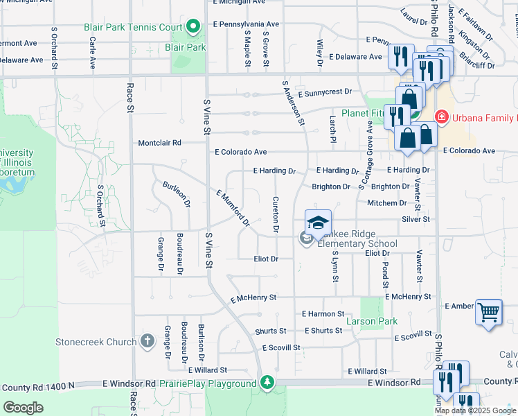 map of restaurants, bars, coffee shops, grocery stores, and more near 8 Shuman Circle in Urbana