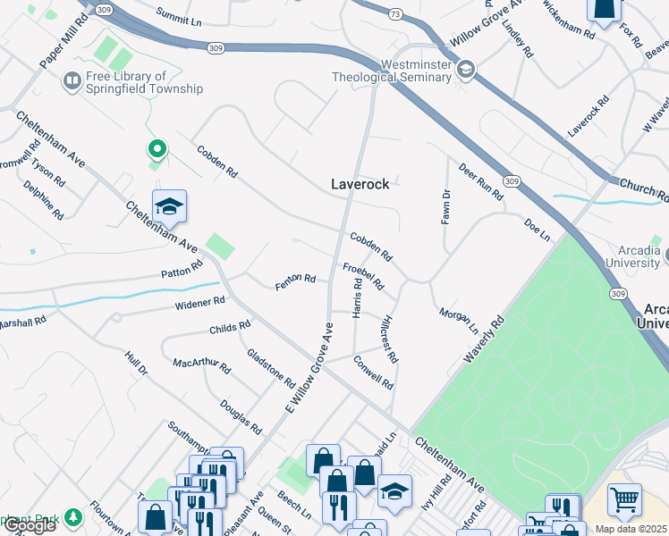 map of restaurants, bars, coffee shops, grocery stores, and more near 1644 East Willow Grove Avenue in Laverock