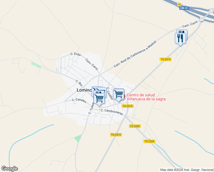 map of restaurants, bars, coffee shops, grocery stores, and more near 31 Calle Cedillo in Lominchar