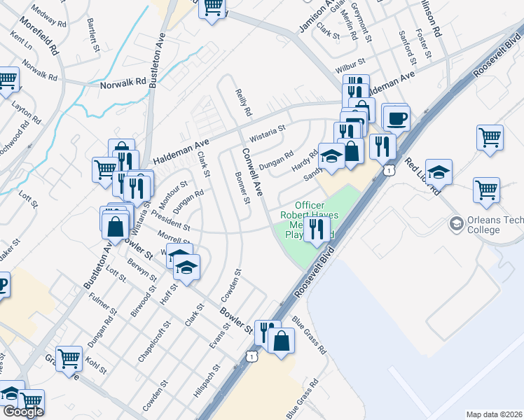 map of restaurants, bars, coffee shops, grocery stores, and more near 2180 Conwell Avenue in Philadelphia