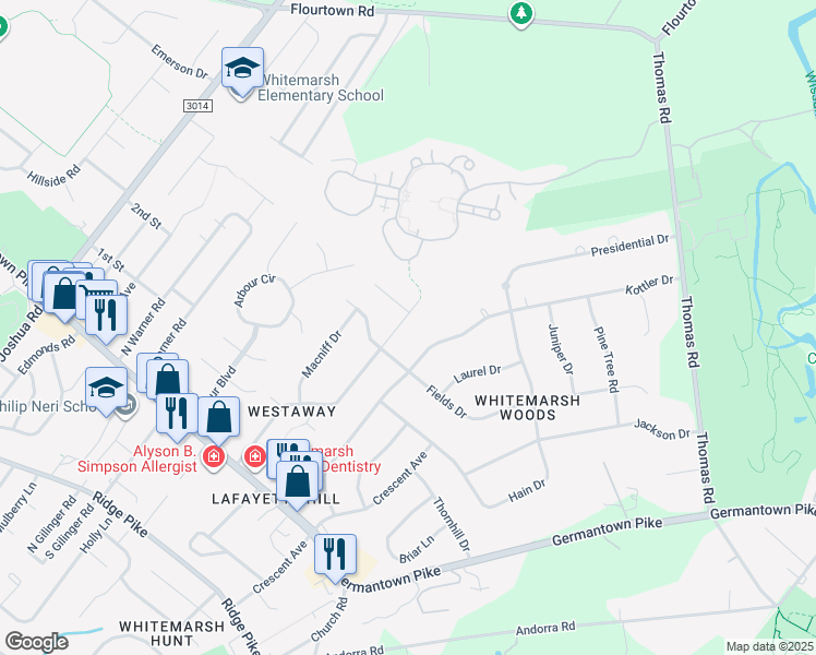 map of restaurants, bars, coffee shops, grocery stores, and more near 4053 Westaway Drive in Lafayette Hill