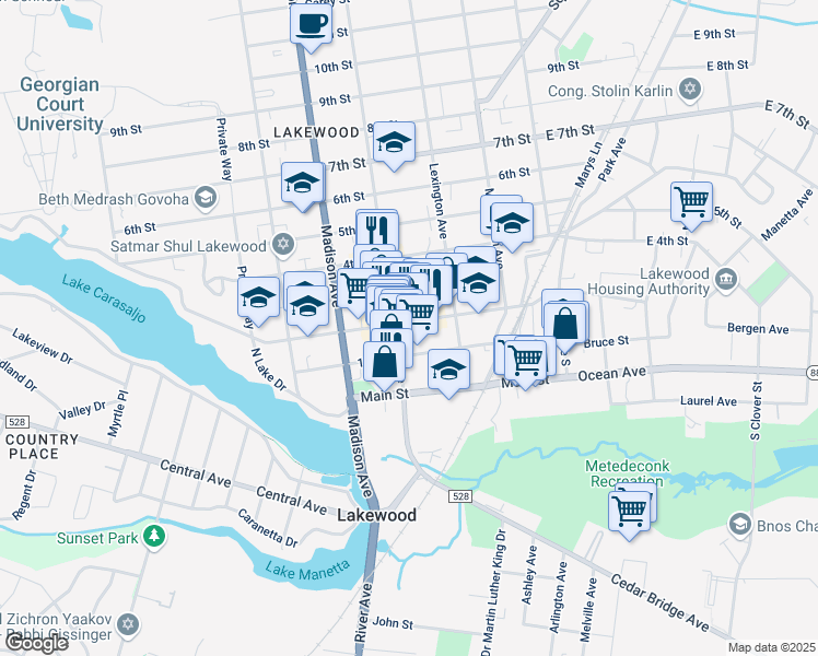 map of restaurants, bars, coffee shops, grocery stores, and more near 256 2nd Street in Lakewood