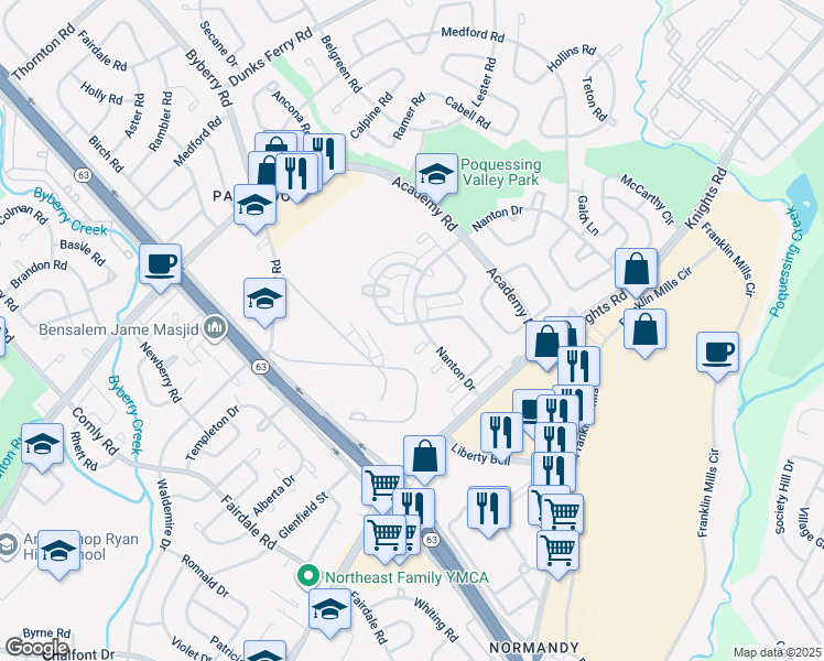 map of restaurants, bars, coffee shops, grocery stores, and more near 3654 Genesee Drive in Philadelphia