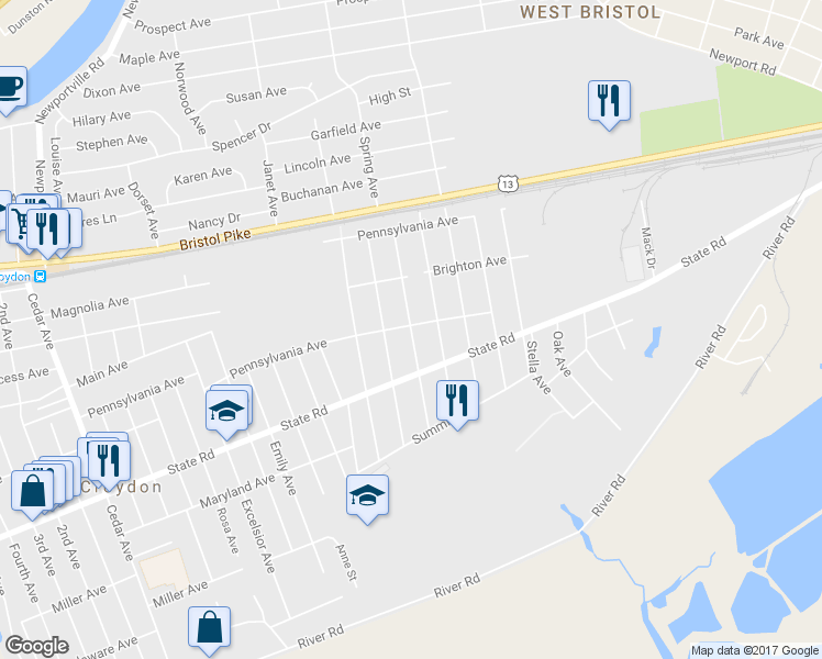 map of restaurants, bars, coffee shops, grocery stores, and more near 616 Harris Ave in Croydon