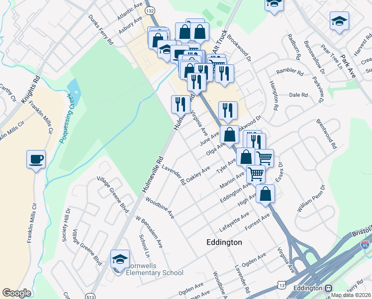 map of restaurants, bars, coffee shops, grocery stores, and more near 1712 Brown Avenue in Bensalem