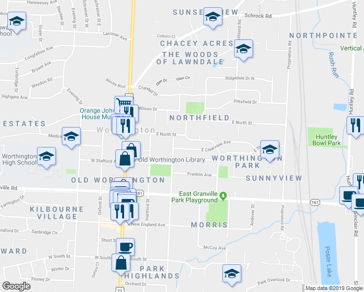 map of restaurants, bars, coffee shops, grocery stores, and more near 188 East Clearview Avenue in Worthington