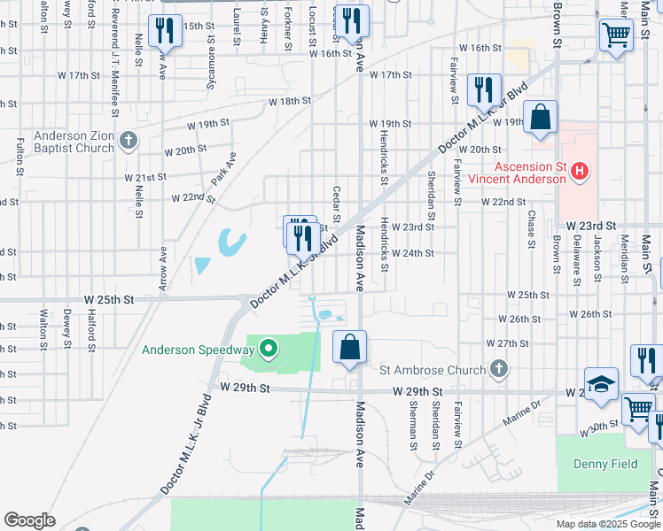 map of restaurants, bars, coffee shops, grocery stores, and more near 2411 Cedar St in Anderson