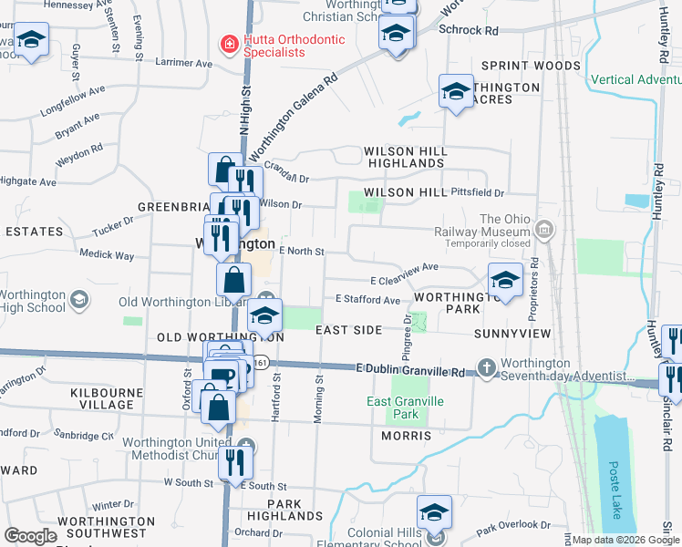 map of restaurants, bars, coffee shops, grocery stores, and more near 188 East Clearview Avenue in Worthington