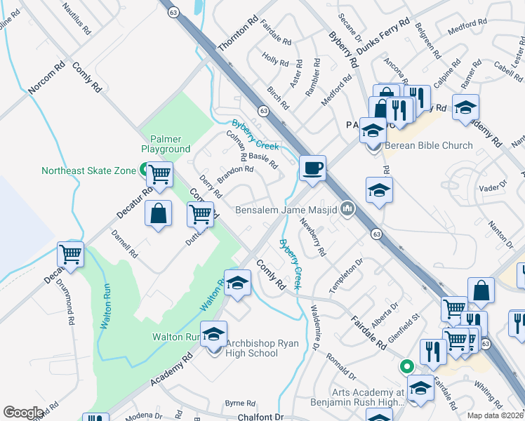map of restaurants, bars, coffee shops, grocery stores, and more near 11733 Corry Pl in Philadelphia