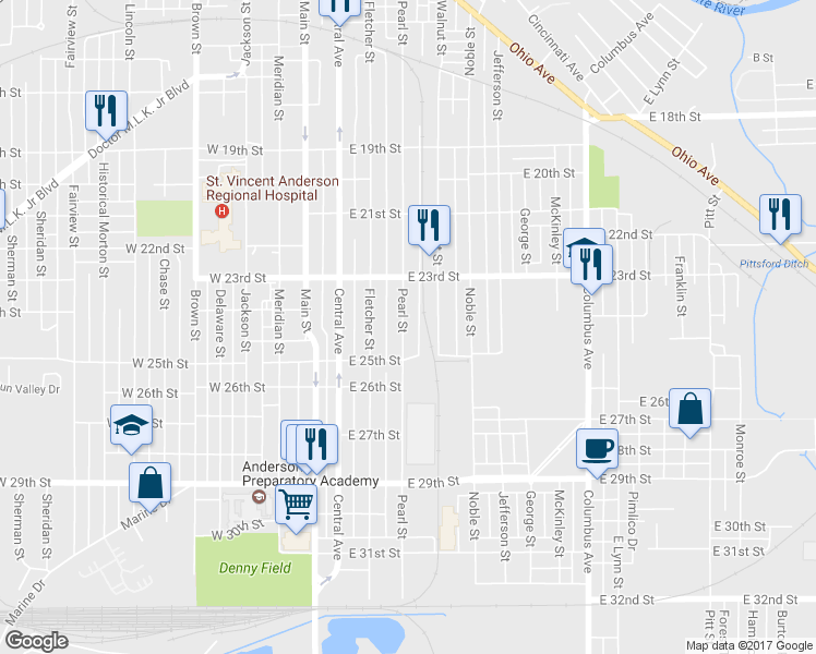 map of restaurants, bars, coffee shops, grocery stores, and more near 2418 Pearl St in Anderson