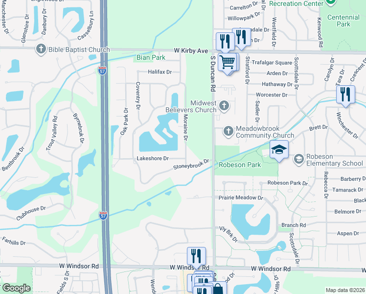 map of restaurants, bars, coffee shops, grocery stores, and more near 1921 Moraine Drive in Champaign