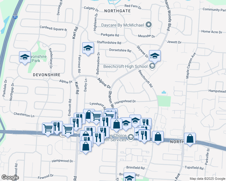 map of restaurants, bars, coffee shops, grocery stores, and more near 6092 Sharon Woods Boulevard in Columbus
