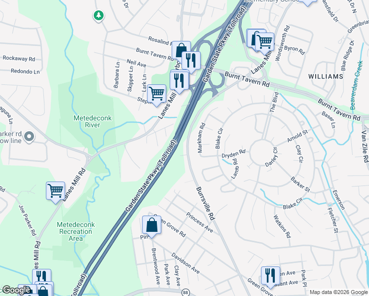 map of restaurants, bars, coffee shops, grocery stores, and more near 1753 Burrsville Road in Brick Township