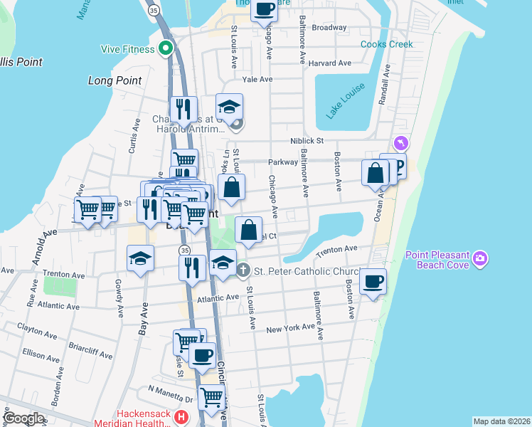 map of restaurants, bars, coffee shops, grocery stores, and more near 302 Arnold Avenue in Point Pleasant Beach