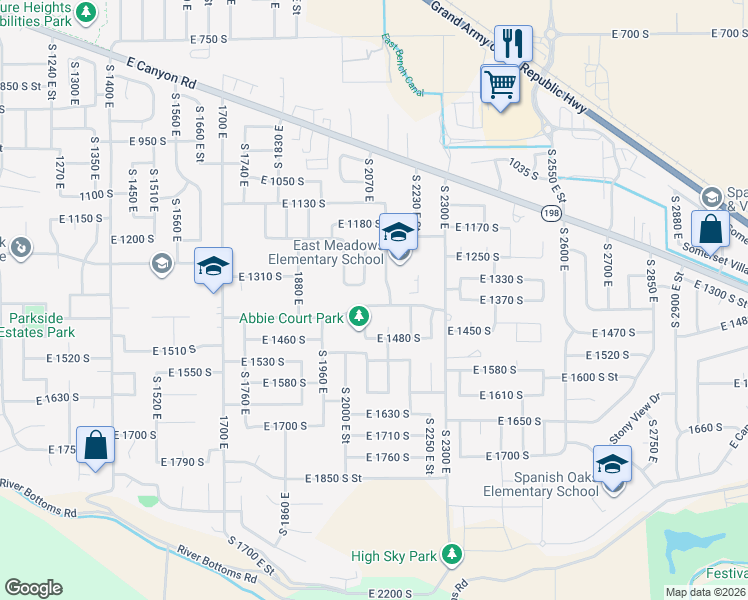 map of restaurants, bars, coffee shops, grocery stores, and more near 2079 E 1400 S in Spanish Fork
