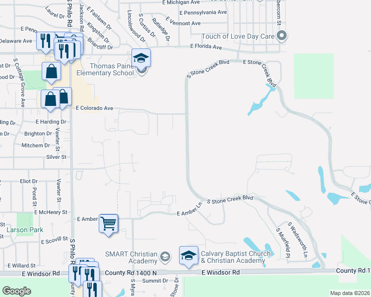 map of restaurants, bars, coffee shops, grocery stores, and more near East Stone Creek Boulevard in Urbana