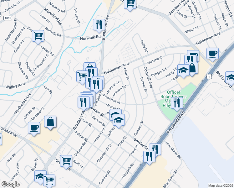 map of restaurants, bars, coffee shops, grocery stores, and more near 9815 Dungan Road in Philadelphia