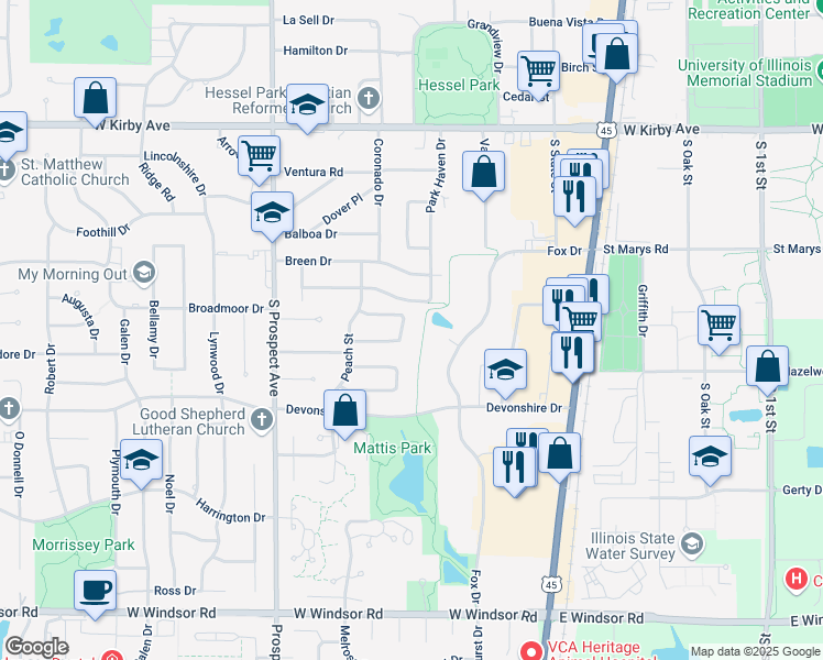 map of restaurants, bars, coffee shops, grocery stores, and more near 21 Ashley Lane in Champaign