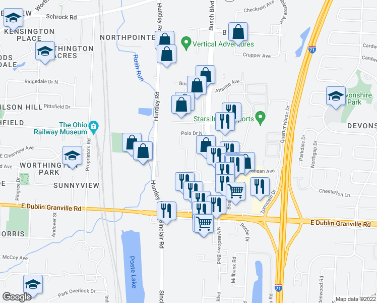 map of restaurants, bars, coffee shops, grocery stores, and more near 6171 Northgate Road in Columbus