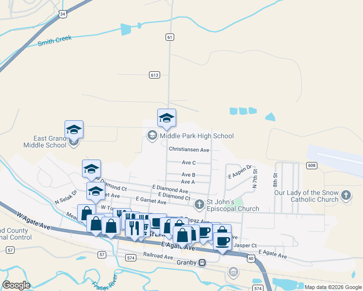 map of restaurants, bars, coffee shops, grocery stores, and more near 265 Christiansen Avenue in Granby