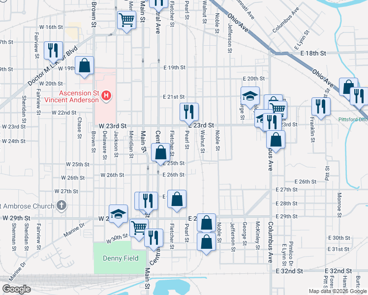 map of restaurants, bars, coffee shops, grocery stores, and more near 2418 Pearl Street in Anderson