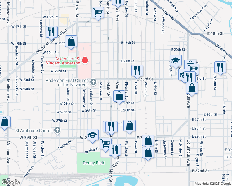 map of restaurants, bars, coffee shops, grocery stores, and more near 2411 Central Ave in Anderson