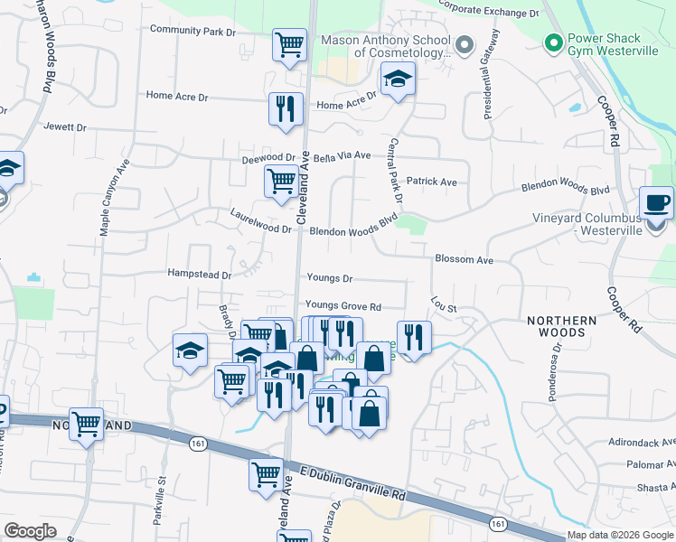 map of restaurants, bars, coffee shops, grocery stores, and more near 2530 Youngs Drive in Columbus