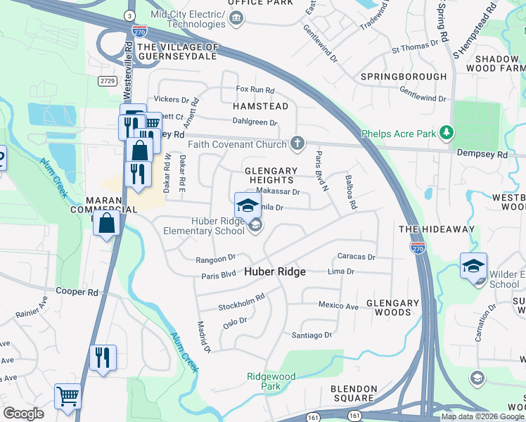 map of restaurants, bars, coffee shops, grocery stores, and more near 3587 Manila Drive in Westerville