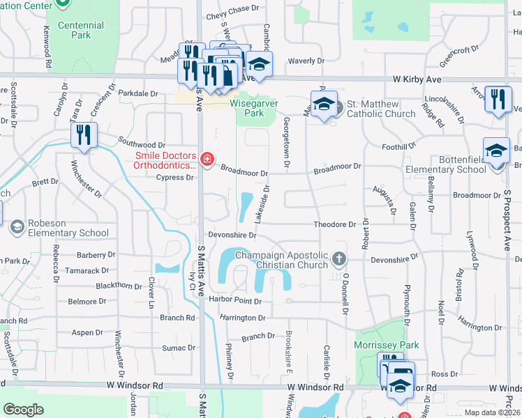 map of restaurants, bars, coffee shops, grocery stores, and more near 1810 Lakeside Drive in Champaign