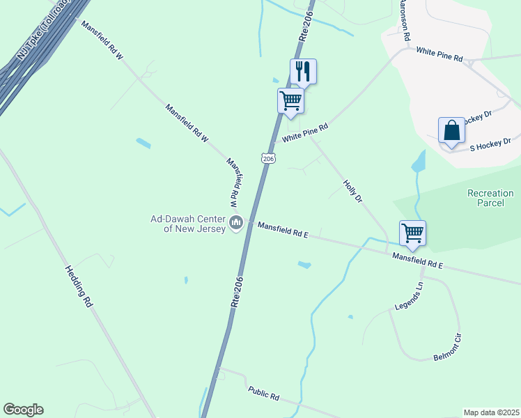 map of restaurants, bars, coffee shops, grocery stores, and more near 3200 U.S. 206 in Mansfield