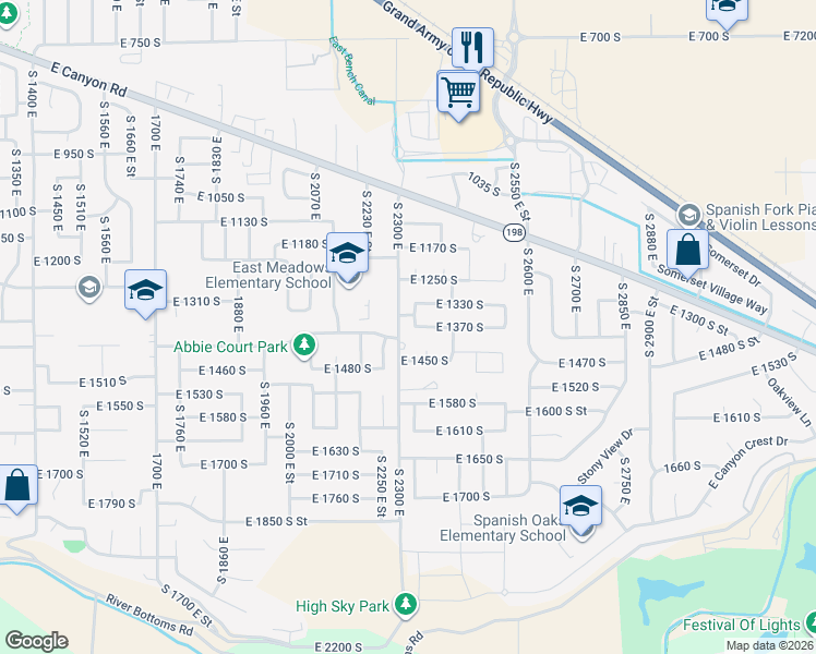 map of restaurants, bars, coffee shops, grocery stores, and more near 1368 South 2220 East in Spanish Fork