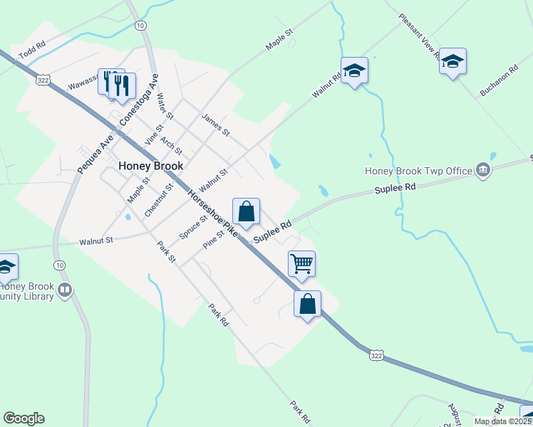 map of restaurants, bars, coffee shops, grocery stores, and more near 17 Vintage Lane in Honey Brook
