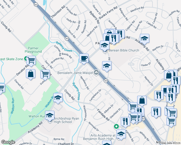 map of restaurants, bars, coffee shops, grocery stores, and more near 12097 Abby Road in Philadelphia