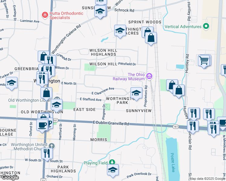 map of restaurants, bars, coffee shops, grocery stores, and more near 345 E Clearview Ave in Worthington
