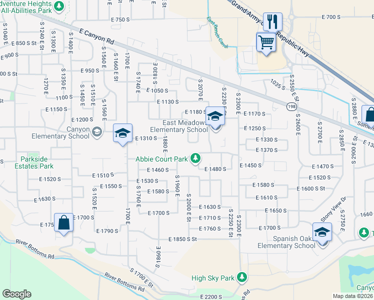 map of restaurants, bars, coffee shops, grocery stores, and more near 2013 East 1400 South in Spanish Fork