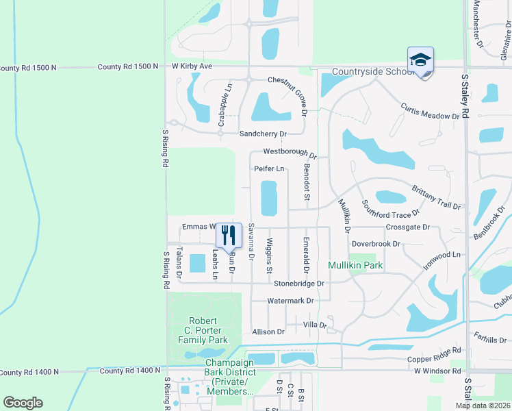 map of restaurants, bars, coffee shops, grocery stores, and more near 1908 Savanna Drive in Champaign