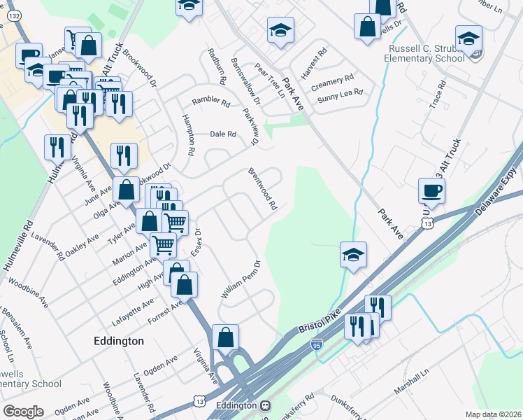 map of restaurants, bars, coffee shops, grocery stores, and more near 1069 Essex Drive in Bensalem