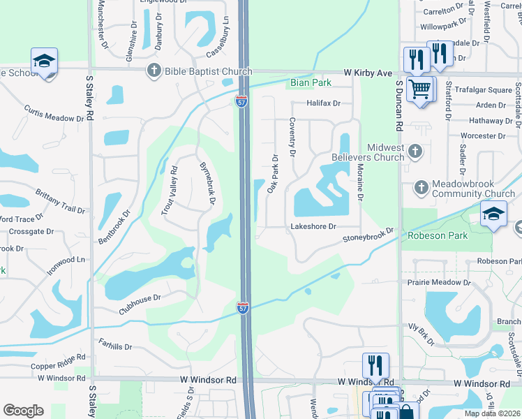 map of restaurants, bars, coffee shops, grocery stores, and more near 1917 Oak Park Drive in Champaign