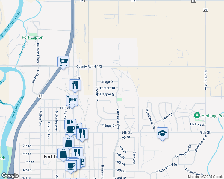 map of restaurants, bars, coffee shops, grocery stores, and more near 1108 Lantern Drive in Fort Lupton