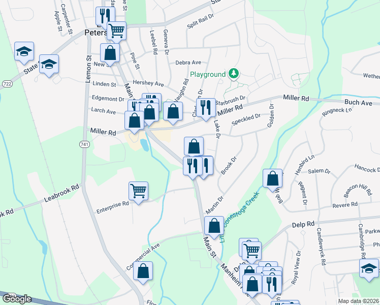 map of restaurants, bars, coffee shops, grocery stores, and more near 5412 Rainbow Drive in East Petersburg