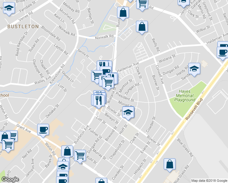 map of restaurants, bars, coffee shops, grocery stores, and more near 1901 President Street in Philadelphia