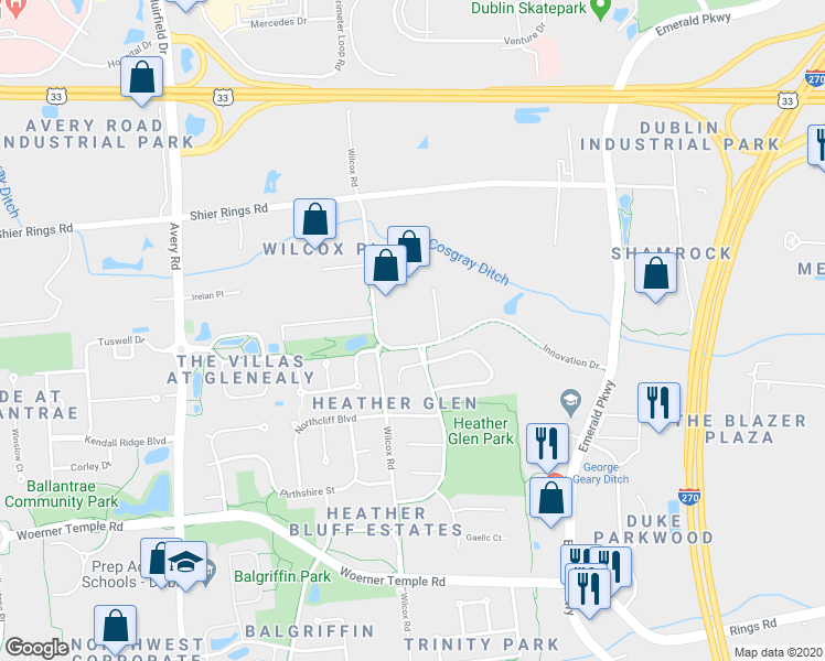 map of restaurants, bars, coffee shops, grocery stores, and more near 5900 Innovation Drive in Dublin